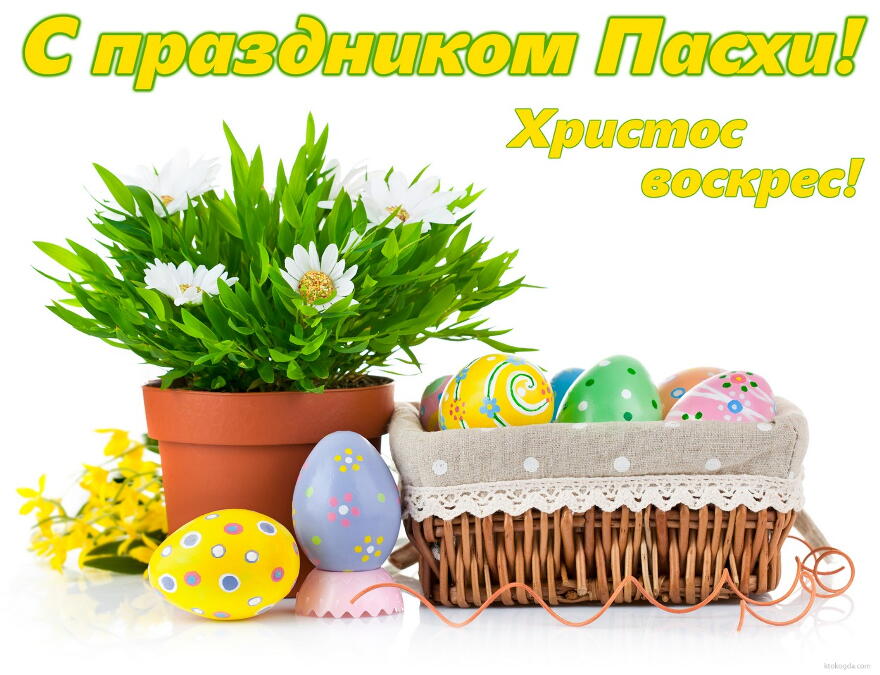 Открытка с праздником Пасхи, пасхальные яйца и цветок