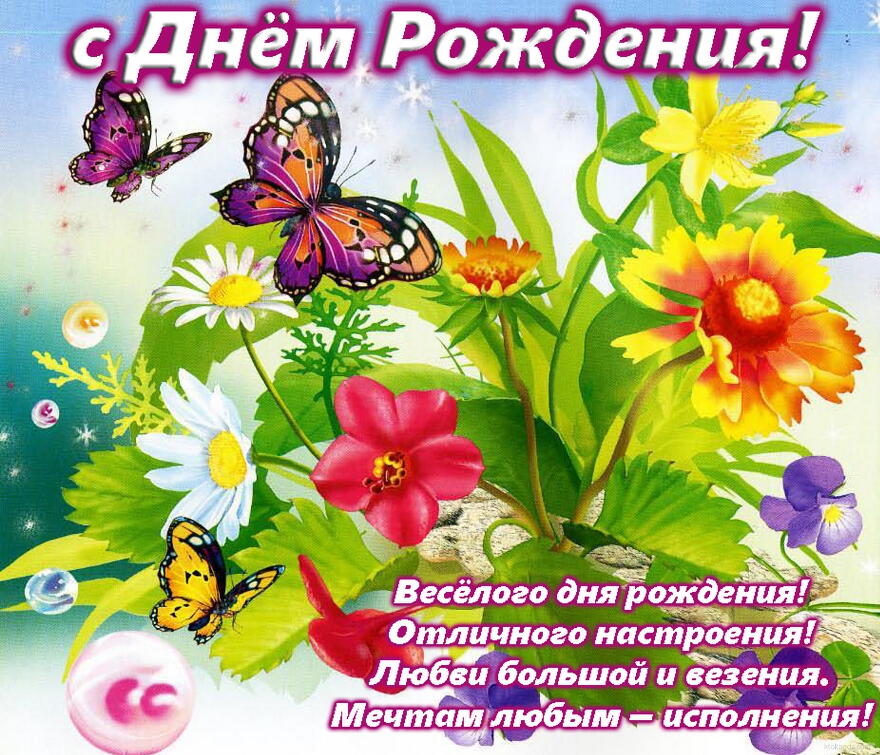 Открытка с Днем Рождения с стихотворением, цветы и бабочки