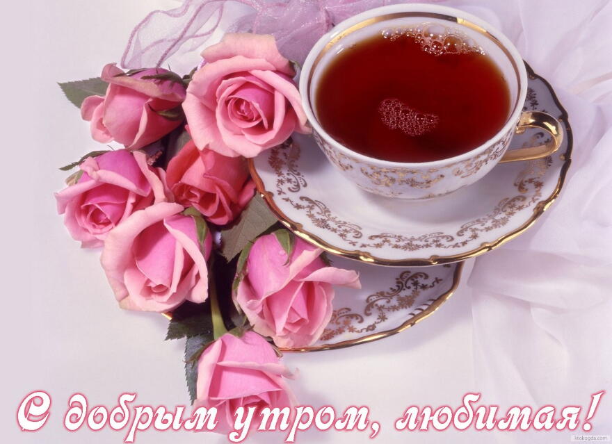 Открытка с добрым утром, любимая, чай и цветы, розы