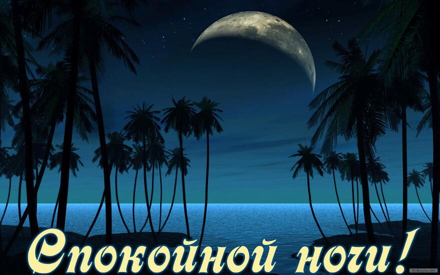 Открытка спокойной ночи, луна и пальмы