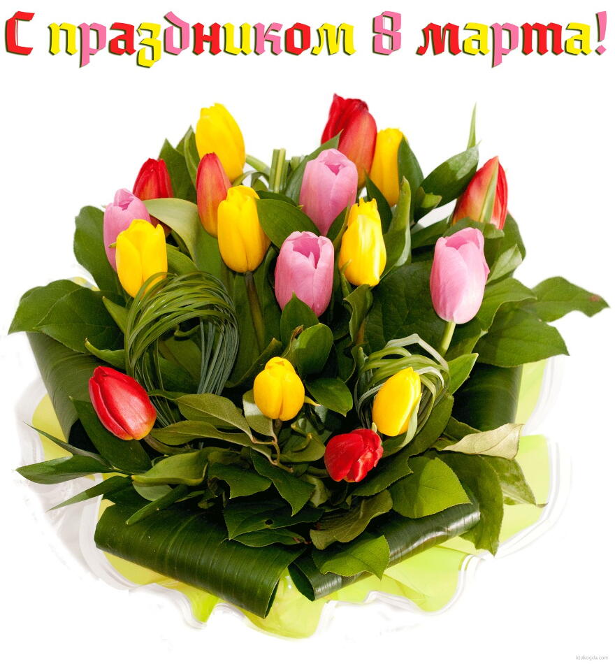 Открытка с праздником 8 марта, букет тюльпанов